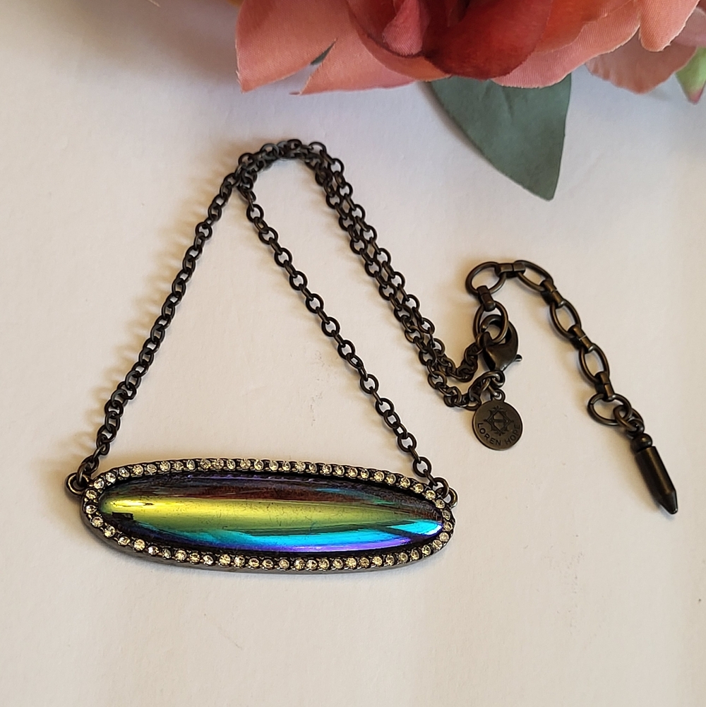 Loren Hope Sign Tag Necklace Dichoric Glass Bar Pendant Brass Tone Chain 16"